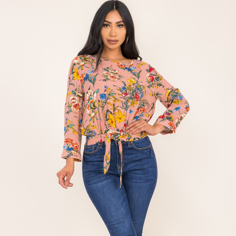 Front Tie Floral Print Blouse
